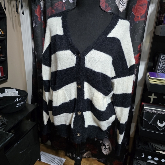 None Sweaters - Black and White Striped Cardigan